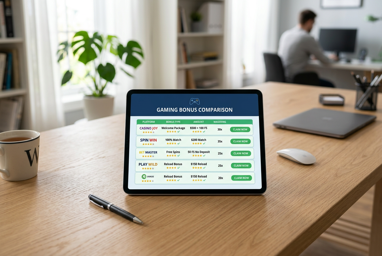 A digital tablet displaying a comparison table of casino bonus offers on a desk