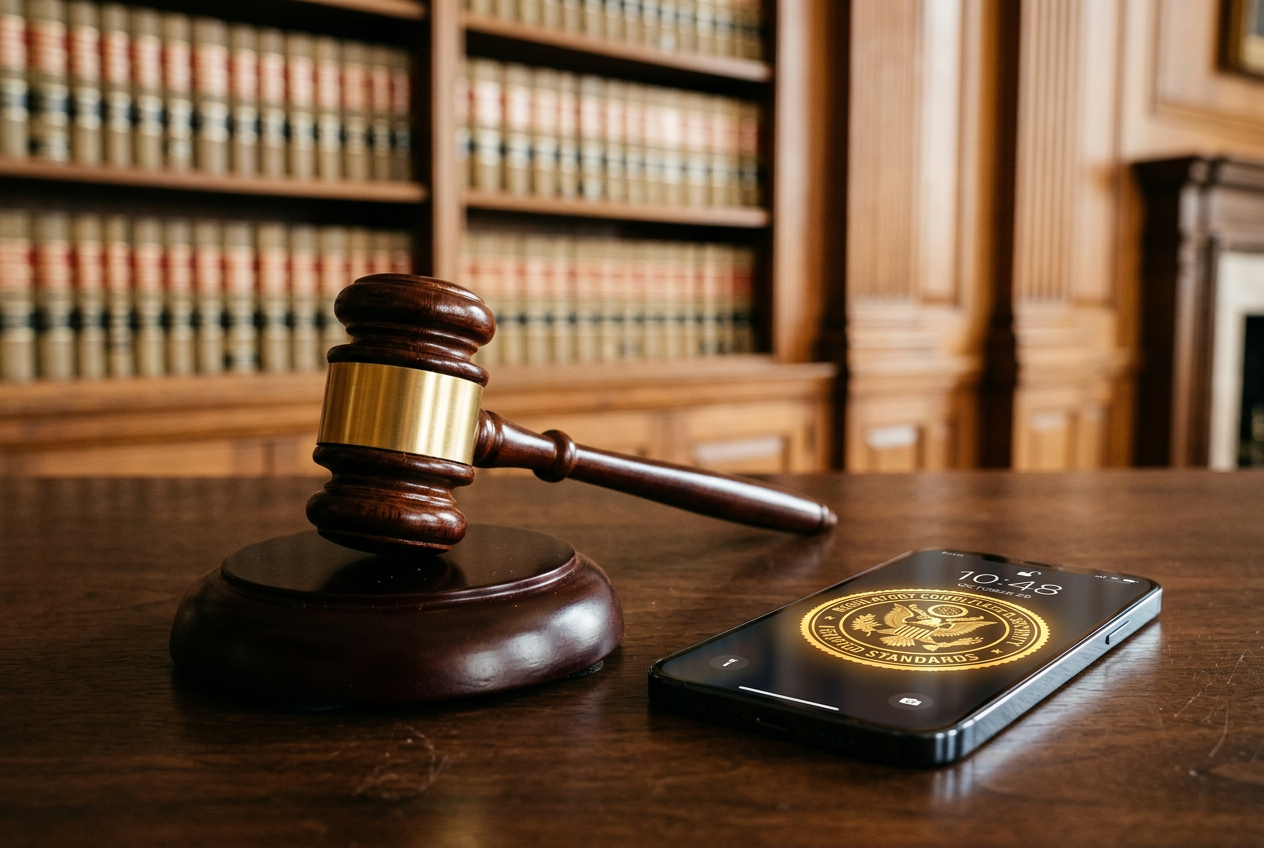 A wooden gavel and a smartphone showing a regulatory seal of approval