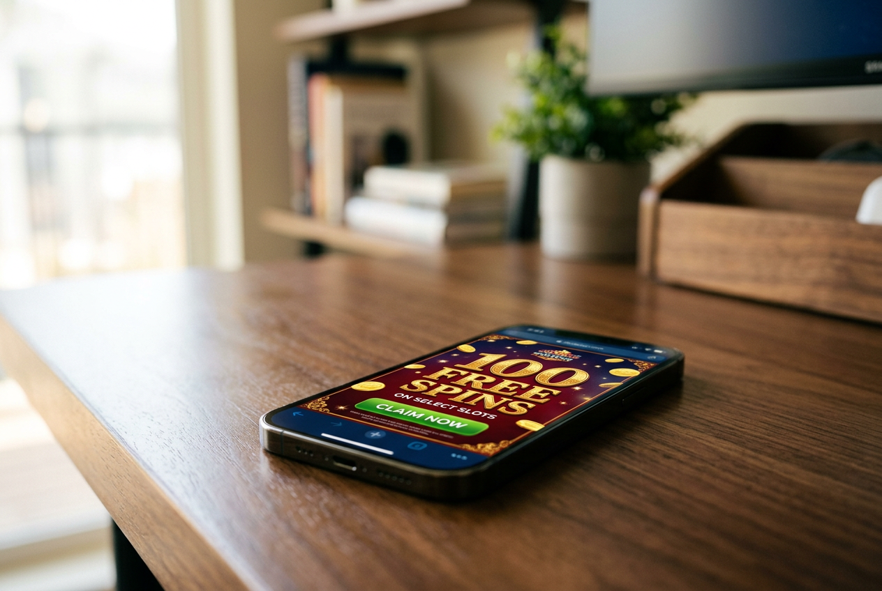A modern smartphone showing a casino bonus interface with glowing free spin icons.